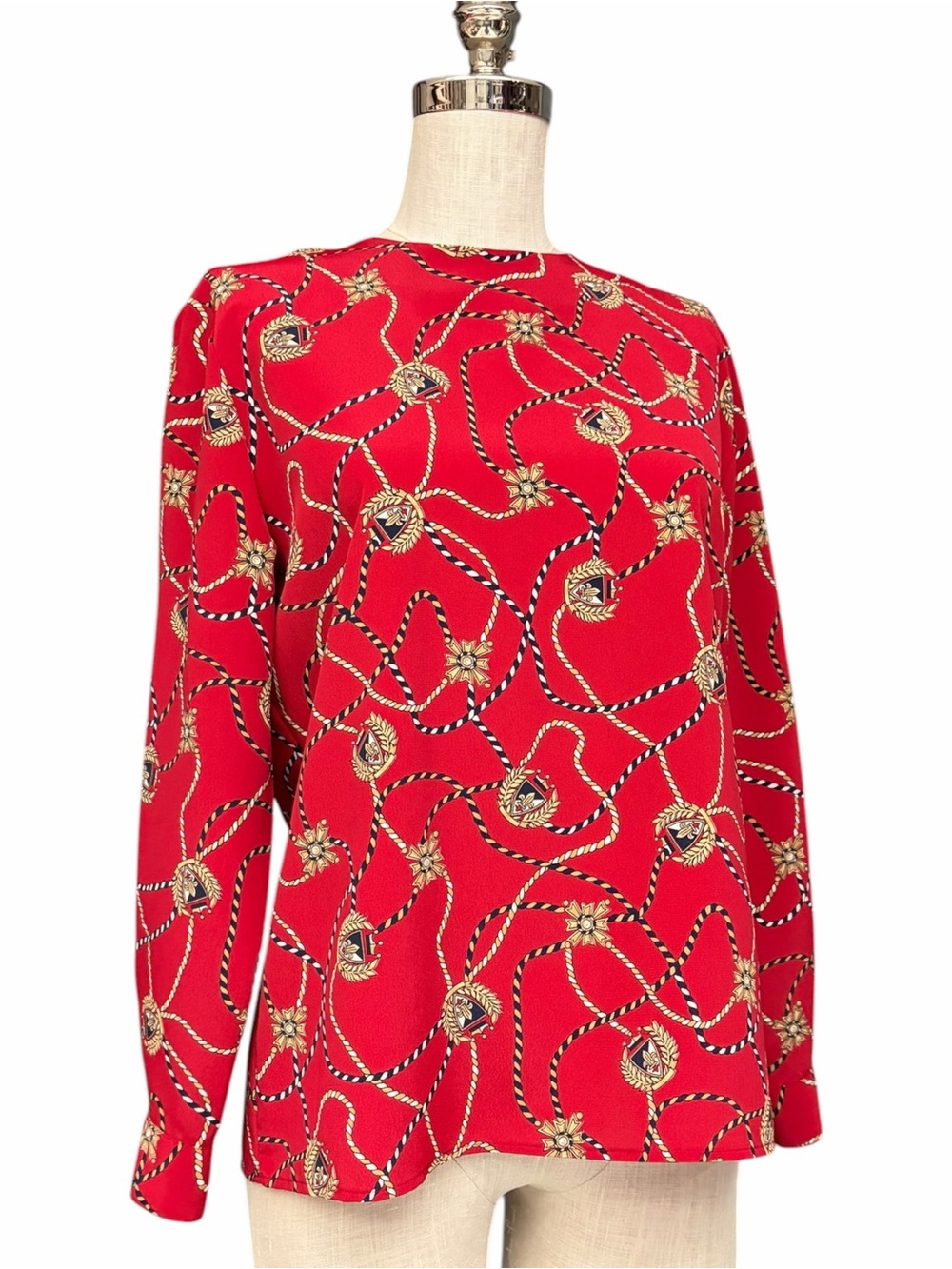 Vintage 80s Leslie Fay Red Baroque Rope Print Long Sleeve Top Petite
